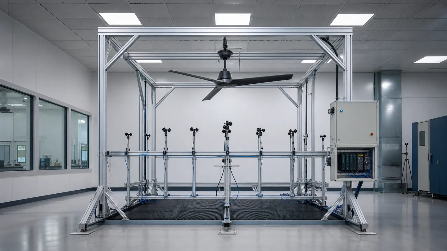 Ceiling fan mounted over an automated air-delivery measurement array