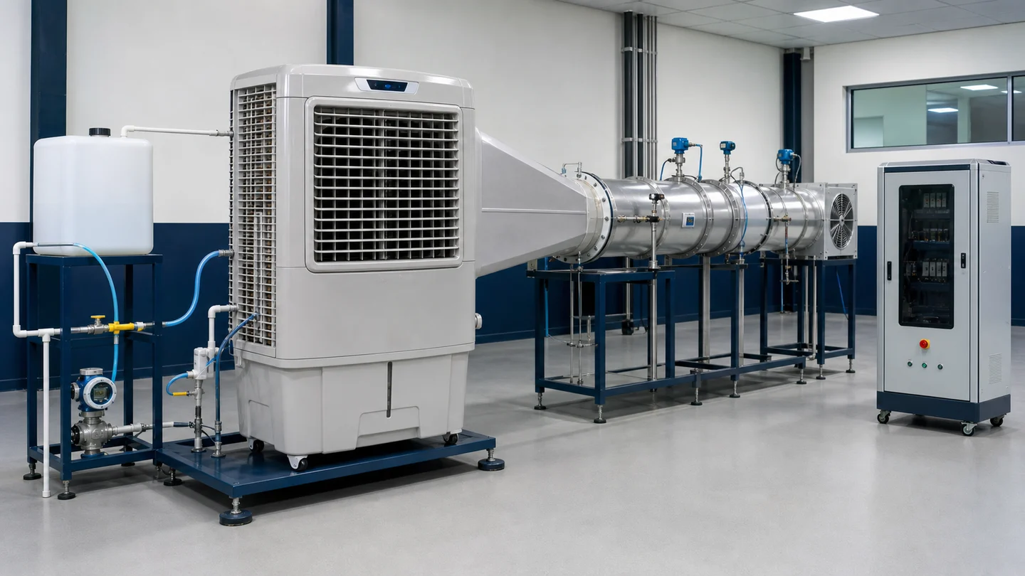 Desert water cooler connected to an instrumented airflow and water measurement rig