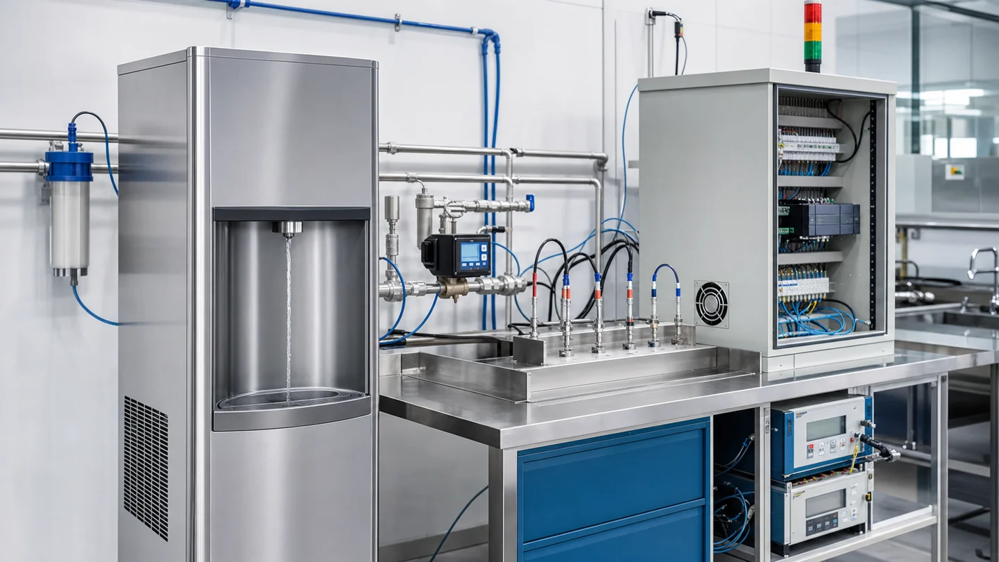 Drinking water cooler connected to temperature, flow, and energy instrumentation