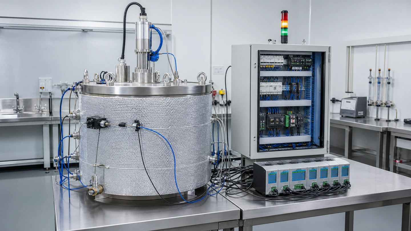 Instrumented immersion rod heater performance test vessel and control cabinet