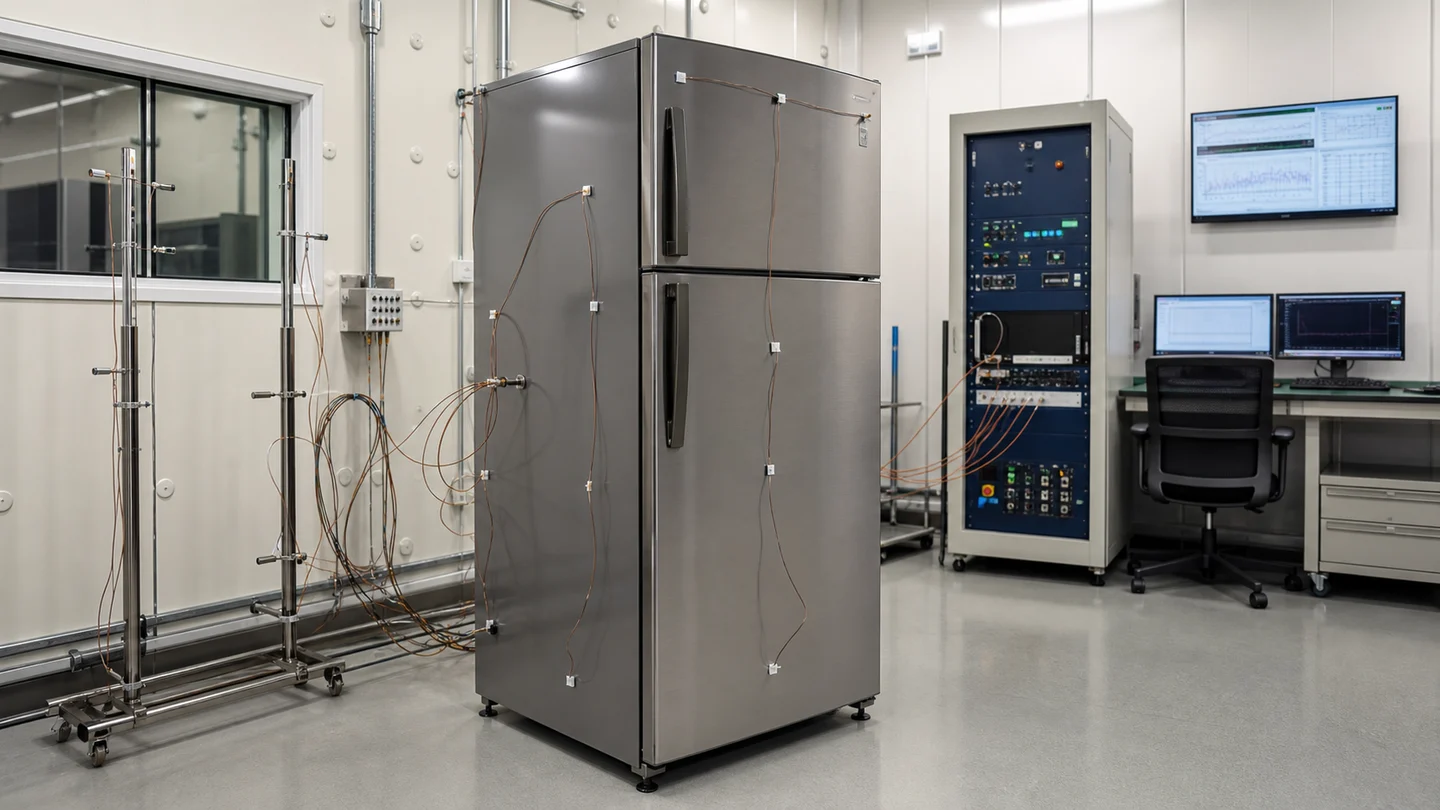 Household refrigerator instrumented for performance testing in a controlled laboratory