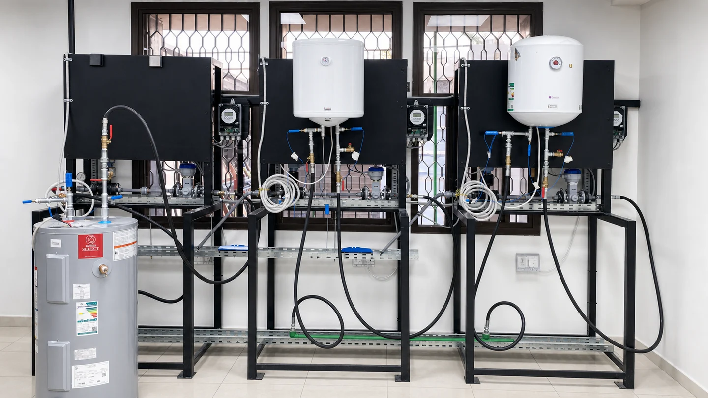 Storage water heater performance test rigs in a Techtiq laboratory